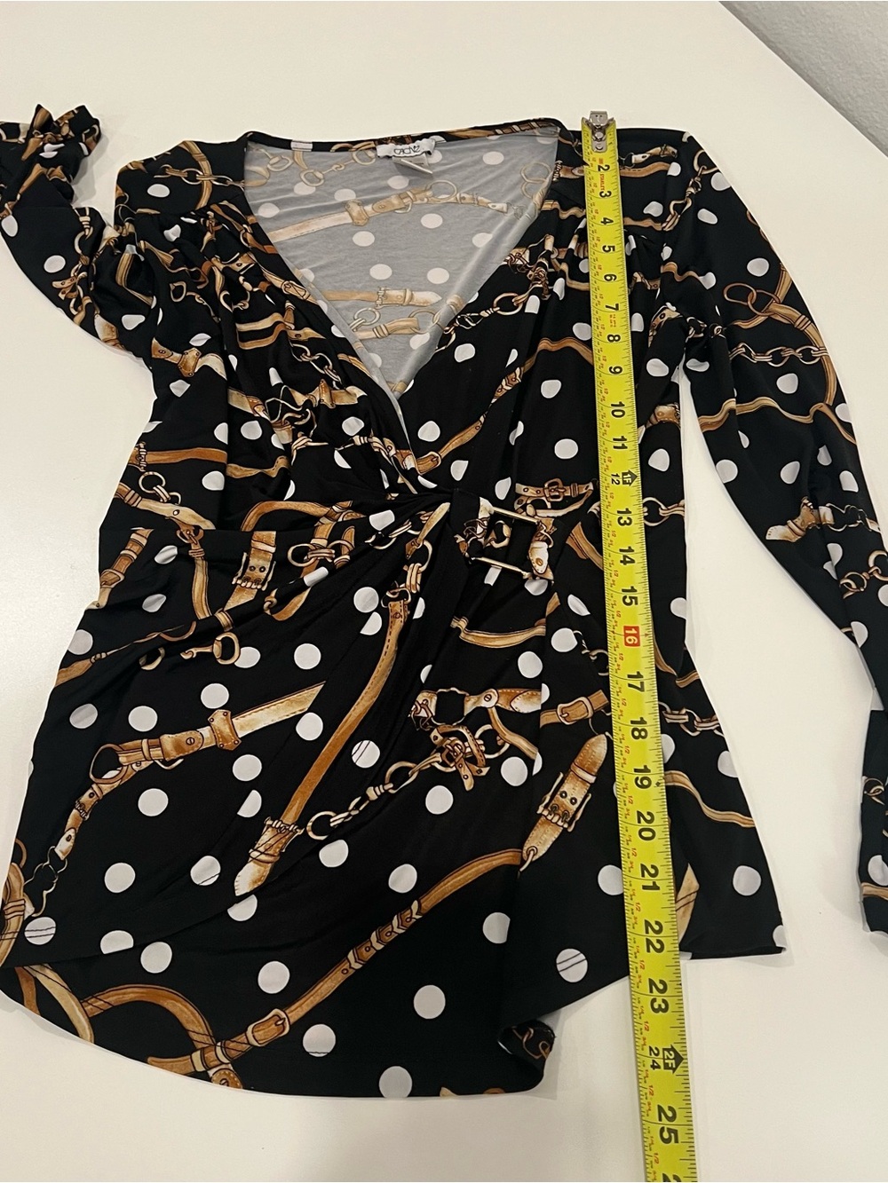 Vtg Cache women’s wrap blouse XS gold chain metallic detail polka dot mob wife - Picture 7 of 7